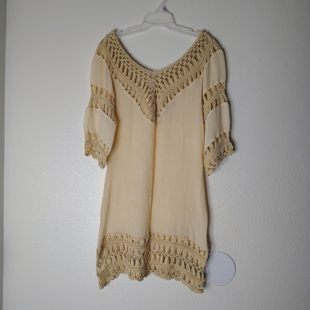 Boho Beige Crochet Mesh Midi Dress Cover Up S/M Solid Neutral Festival Beach - Picture 2 of 15